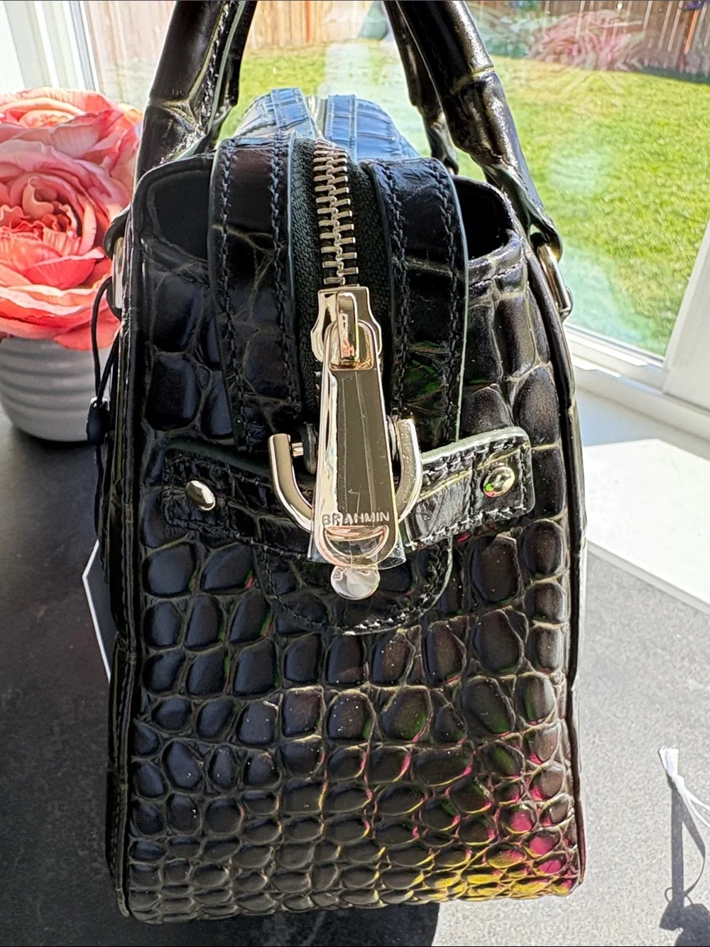 Brahmin Croc-Embossed Satchel with Gold Plaque